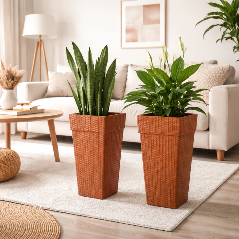 Jogo 2 Vasos Quadrados Coluna Rattan Pequeno 10 Litros para Flores Plantas Decoração Organização