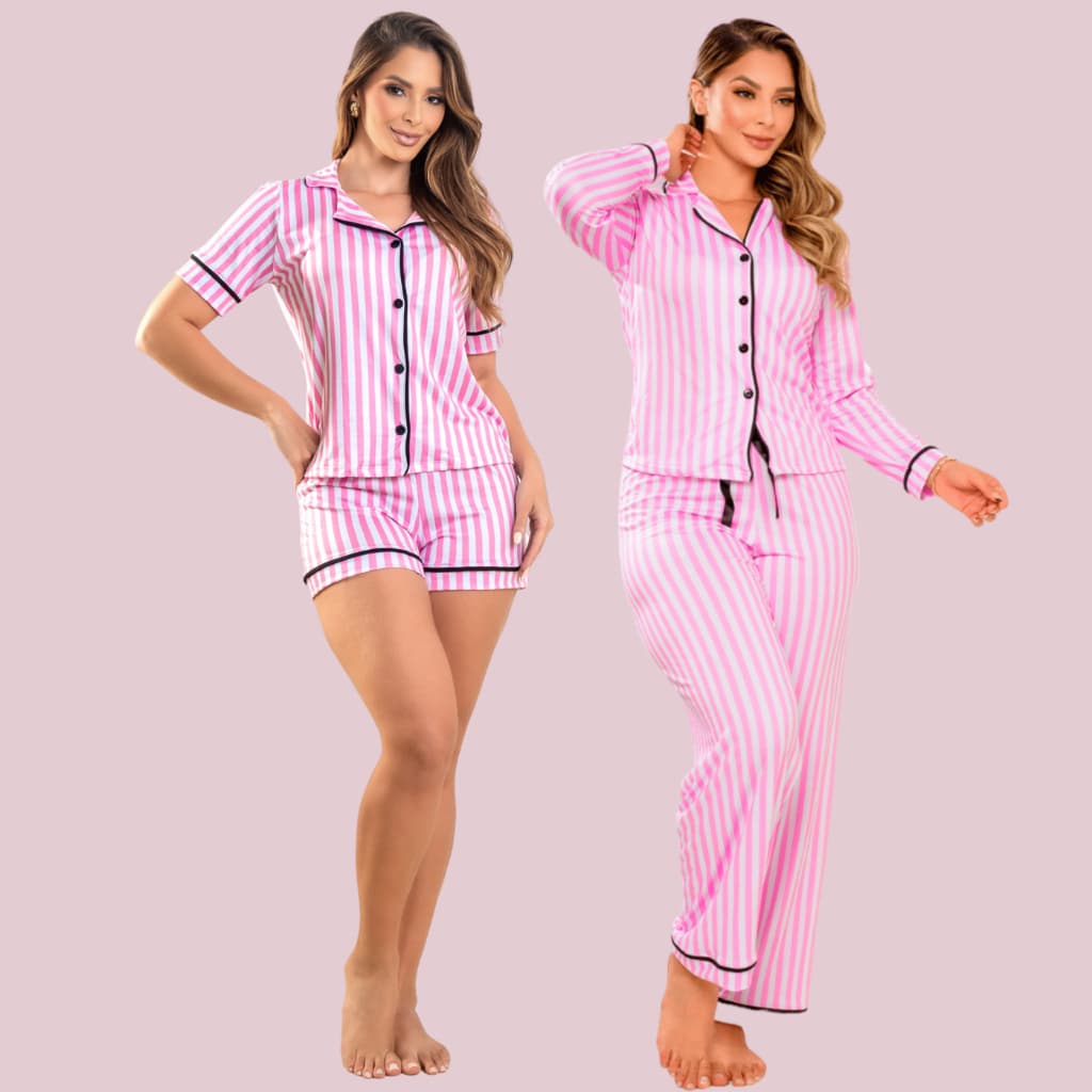 Kit 2 Pijamas Adulto Listrado Rosa Curto e Longo Confortável