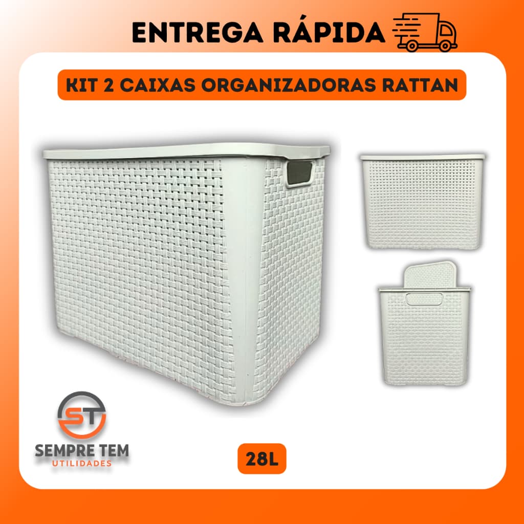 Kit 2 X Caixa Organizadora Rattan 28 Litros Grande Cesto Plástico Multiuso Organizador Decoração 28L