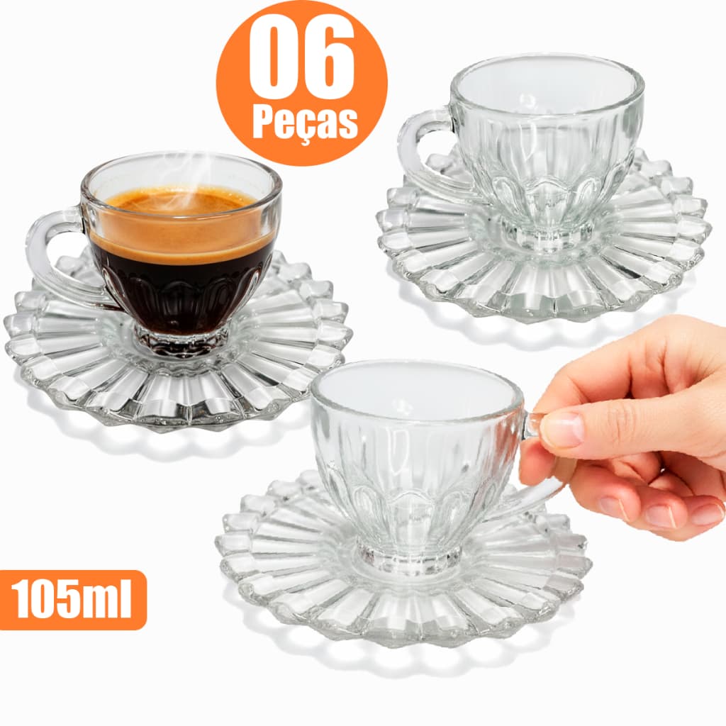 Kit Jogo de 6 peças sendo -  03 Xicaras 110ml e 03 Pires Para Cafe Cha Leite Xicaras de Vidro Sendo