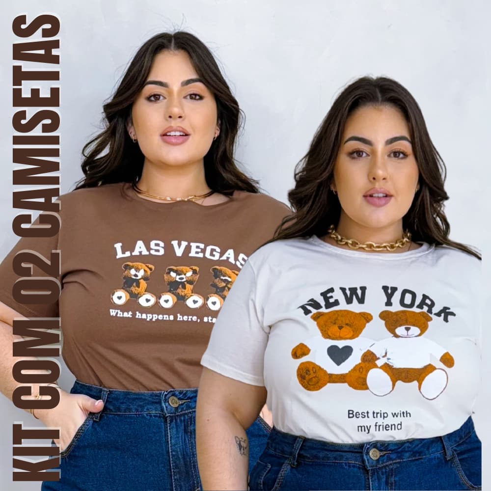 Kit 02 Camisetas Feminina Plus Size T-Shirt Estampas da Moda Casual Verão Blusa Premium 100% Algodão