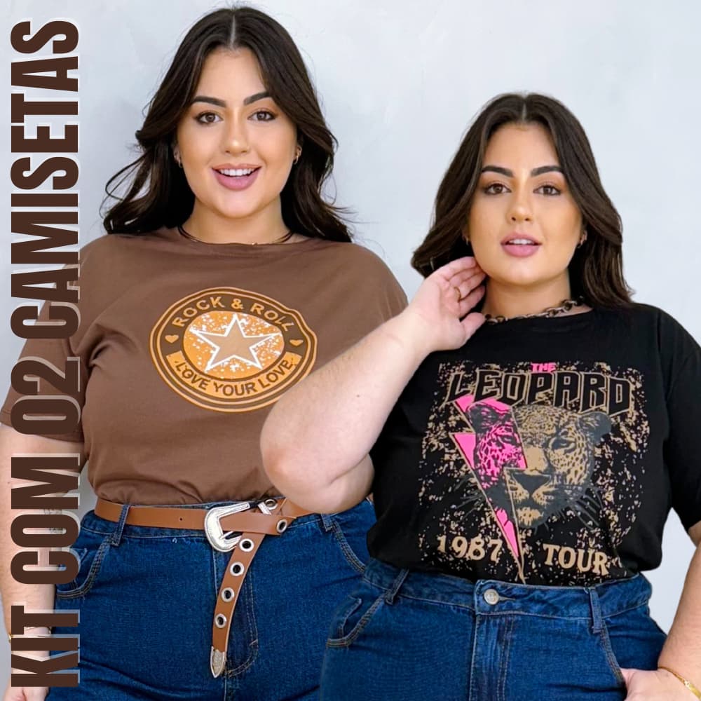 Kit 02 T-Shirt Plus Size Feminina Blusinha  Casual Uso Diário Camisetas Moda Verão Tecido Premium 100% Algodão