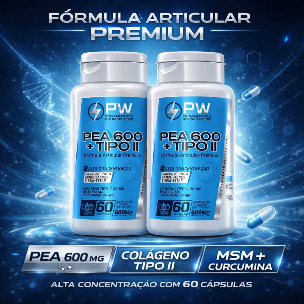 PEA 600 + Tipo II PW Suplementos Kit 2 Unidades Fórmula Articular Premium 60 Cápsulas Alta Concentração
