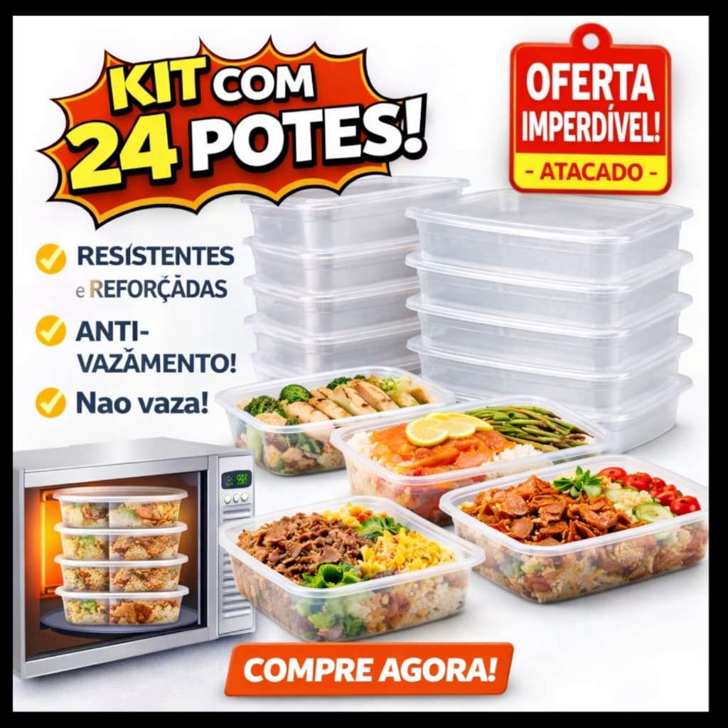 Potes Marmita Descartável 24/48un Freezer Micro-ondas fitness Dieta Preparar refeições Meal Prep