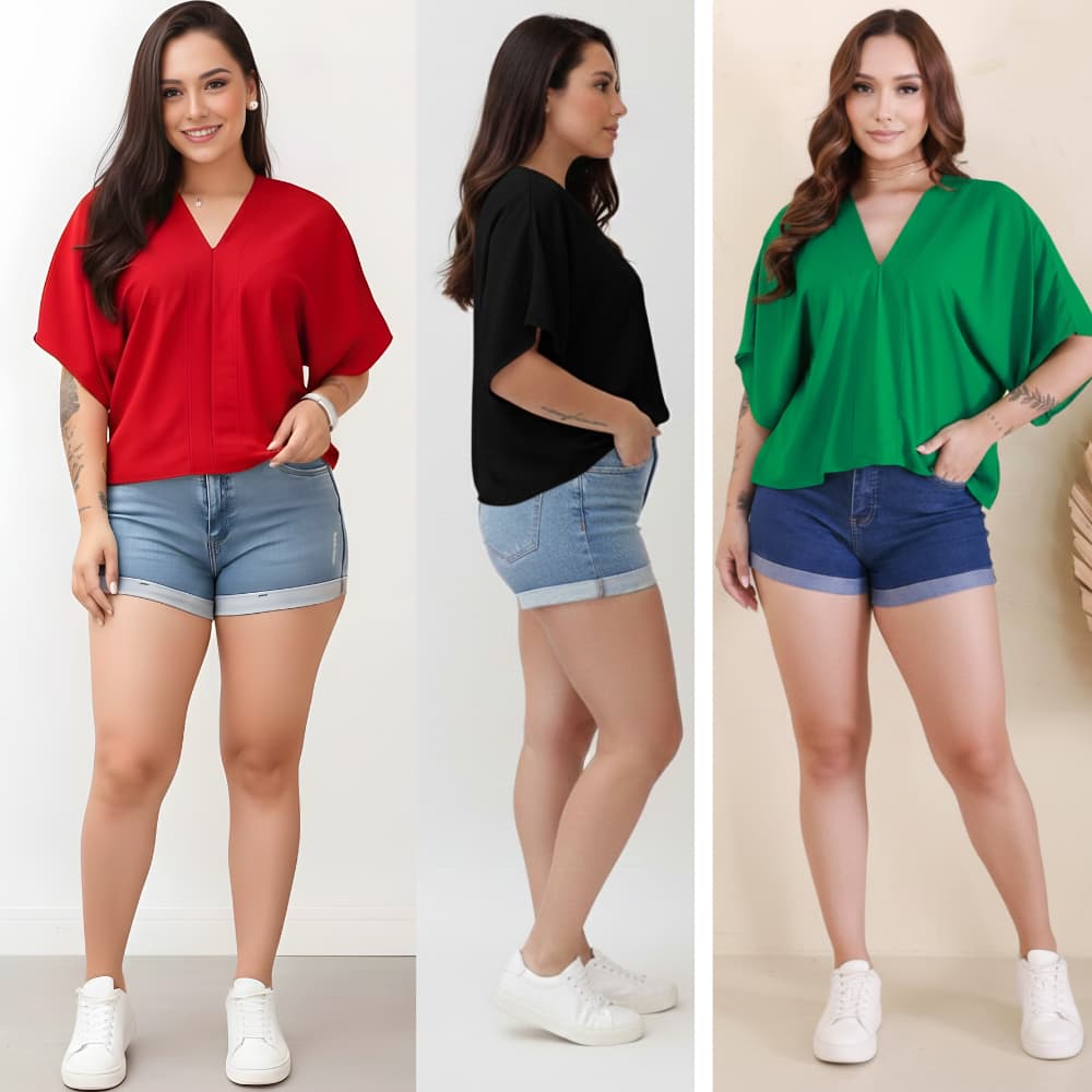 Blusa Feminino Morcego Soltinha Decote V Com Amarração Liso Viscolinho Elegante Lindo Verão (M,G,GG)