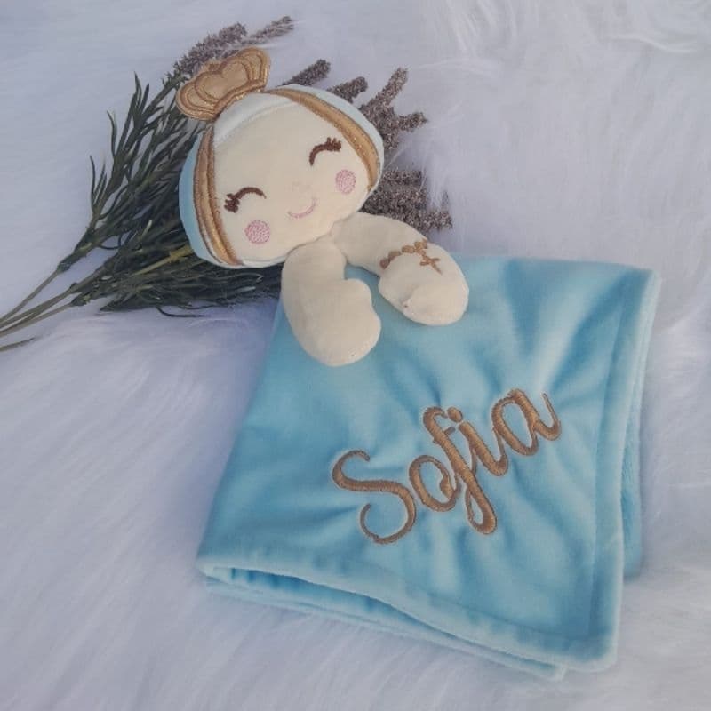 Naninha Personalizada Para Bebê Com Nome e Prendedor de Chupeta; Bico Tema Santa N.Senhora Para Presente, Enxoval Baby