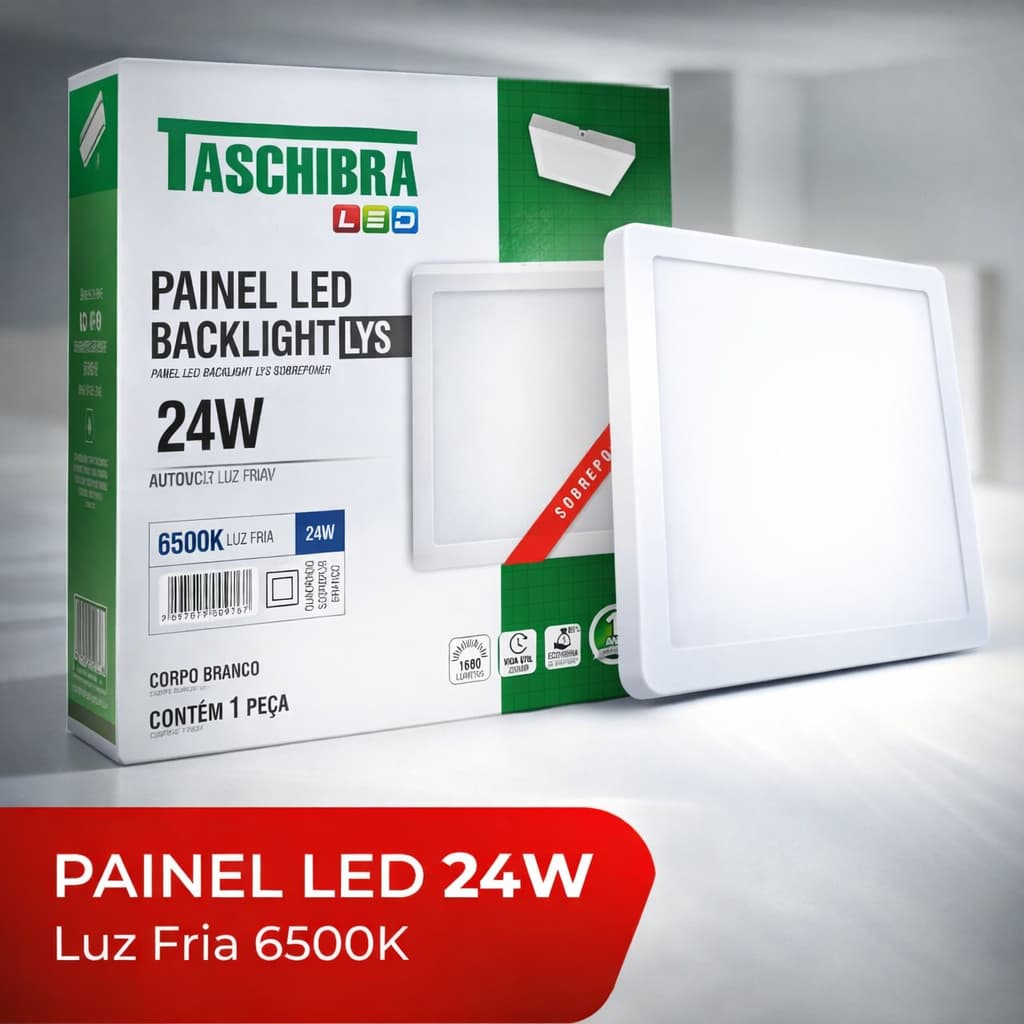 PAINEL LED BIVOLT 110/220V SOBREPOR QUADRADO BRANCO FRIO PVC TASCHIBRA 6500K 24W  FÁCIL INSTALAR
