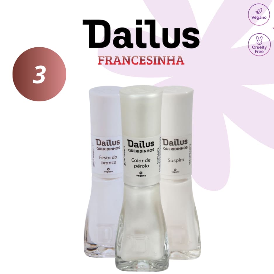DAILUS KIT UNHAS FRANCESINHA - 3 ESMALTES - BRANCO PURO | BRANCO CREMOSO | CINTILANTE - MANICURE