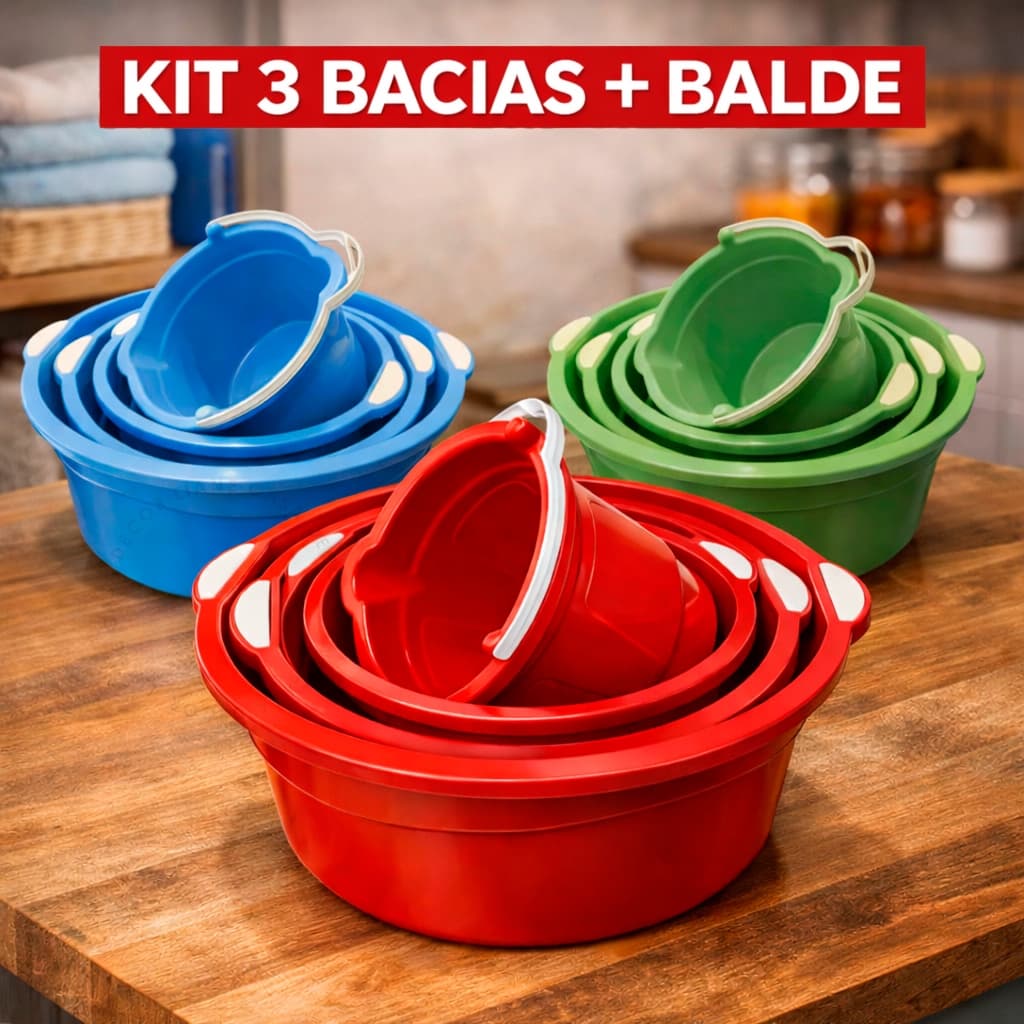 Kit 3 Bacias + 1 Balde Plástico Grandes Multiuso Para Limpeza Lavanderia Cozinha Vermelho 35 Litro