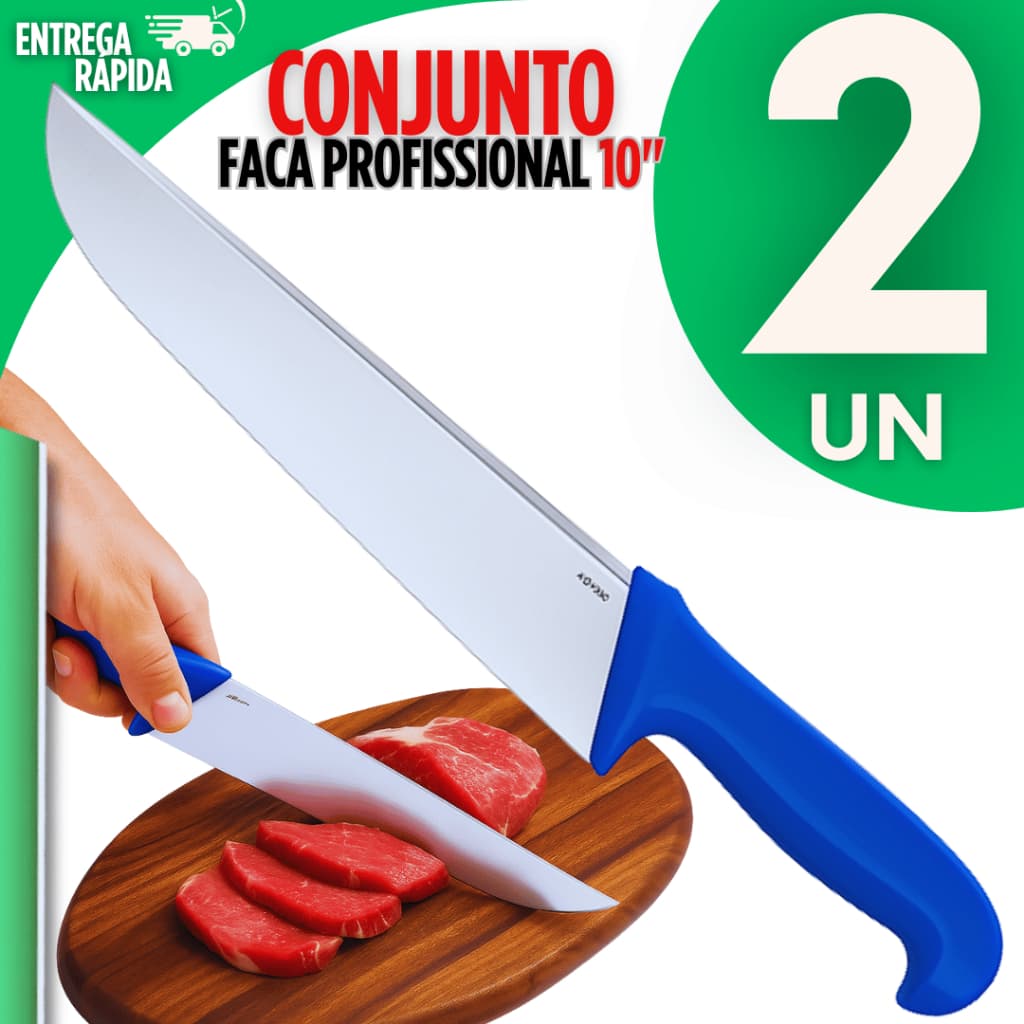 Kit 2 Facas Profissionais Açougue Churrasco Inox 10" Ultra Afiadas Para Carne Picanha Cozinha