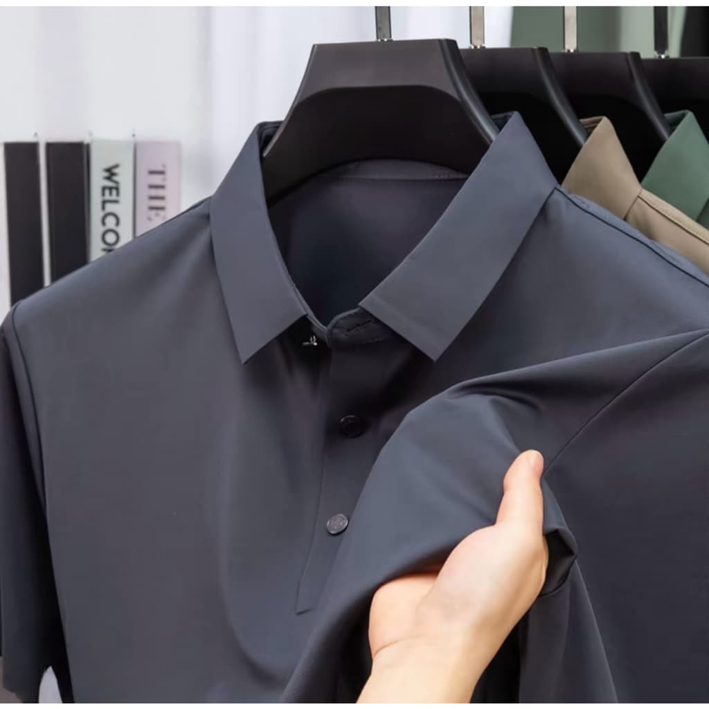 Camisa polo masculina de cor sólida em seda gelada, estilo casual de negócios e respirável.