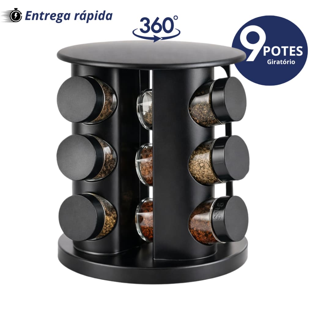 Porta Temperos Giratório Preto com 9 Potes de Vidro com Tampa Dosadora Condimentos PROMOÇÃO LIMITADA