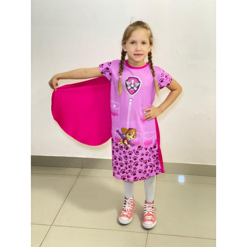 Vestido Temático Infantil Patrulha Canina Capa Desenho