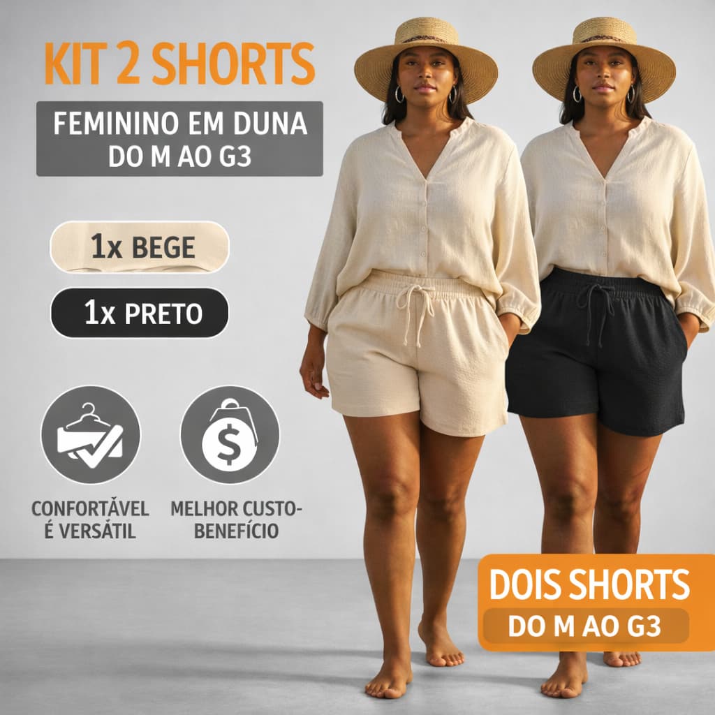 Kit 2 Shorts Duna Feminino Plus Size Confortável Cintura Alta Dia a Dia Tam M ao G3