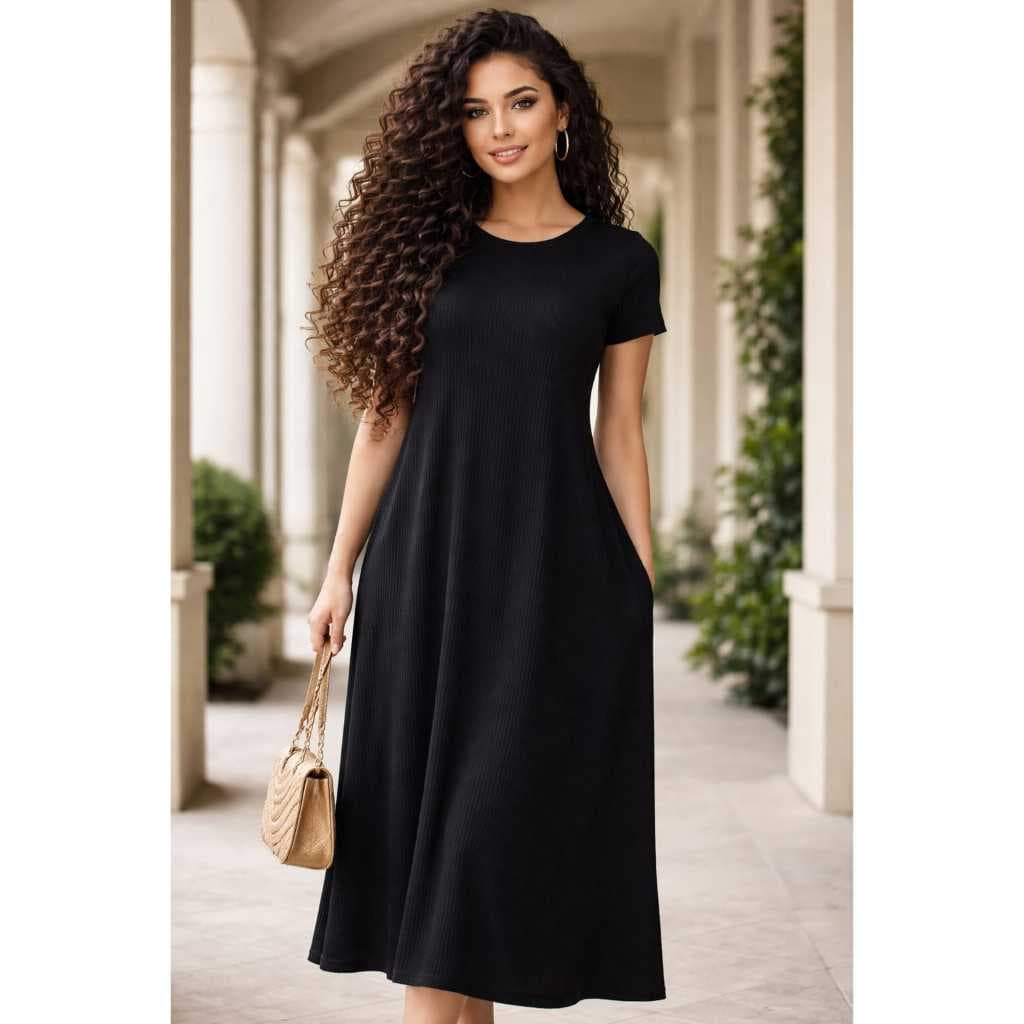 VESTIDO FEMININO MIDI SOLTINHO MANGA CURTA ELEGANTE  VERÃO