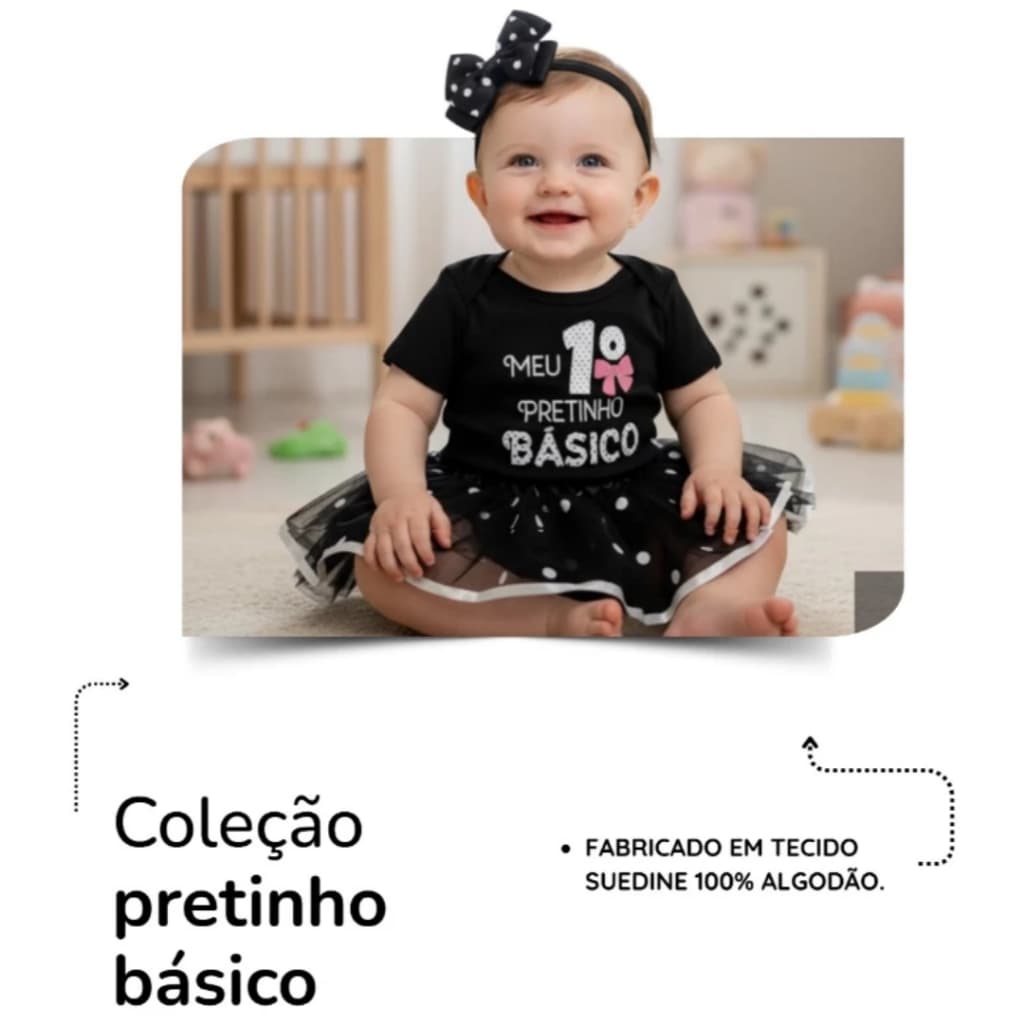Body Bebê Mêsversario temático 1° pretinho básico" - Body Bebê/ Manga curta/ Laço / Saia Tule