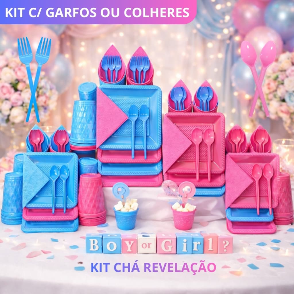 Kit Aniversário Festa Descartavel Prato Copo Diamante Garfinho Guardanapos Rosa Pink Azul Bebe Chá Revelação