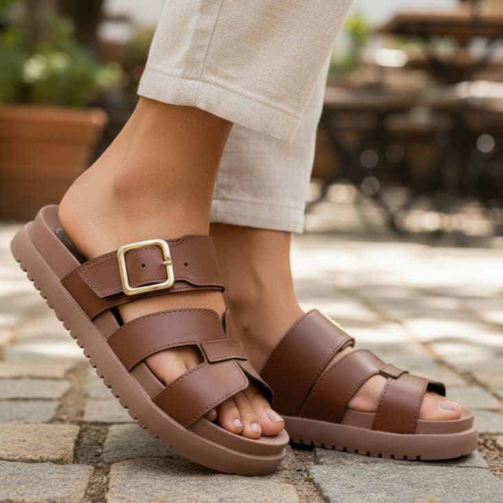 Papete Feminina Birken com Fivela Rasteira Calce Fácil Confortável Tendência Chinelo Flat Slide Plataforma