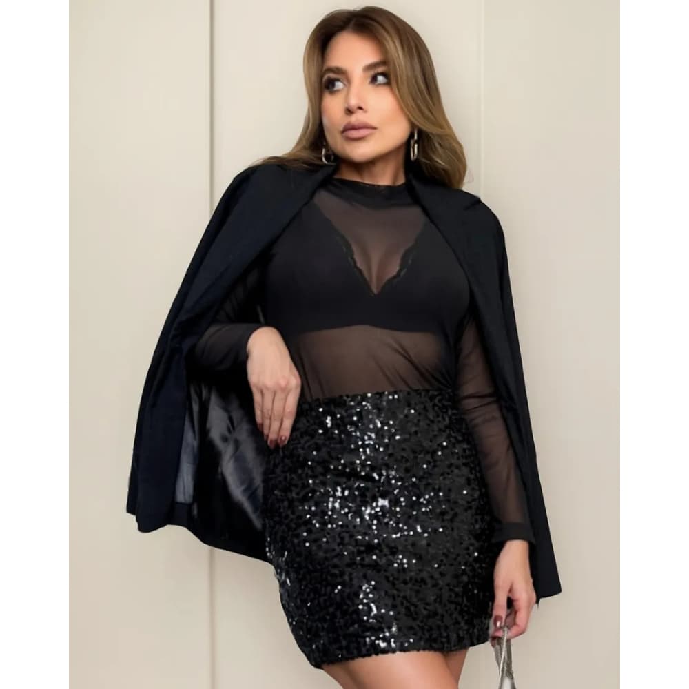 Conjunto Saia Paetê Curta Blusa Tule Transparente Feminina Segunda Pele Manga Longa