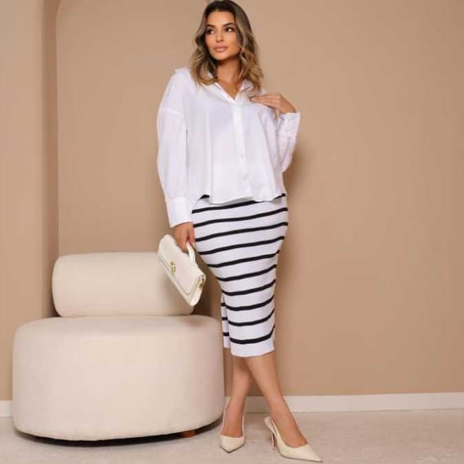 Saia Midi Lápis Tricot Listrada Cintura Alta Malha Modal Luxo Com Fenda Lateral Veste Até 46