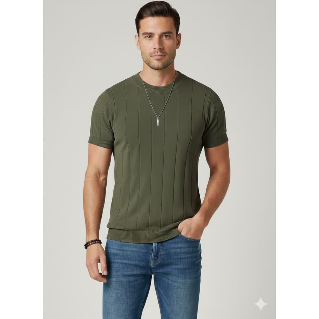 Camiseta Masculina Básica Canelada Manga Curta Tricot Modal