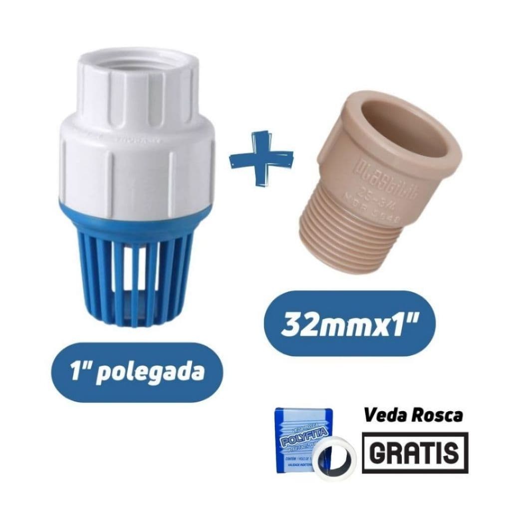 Válvula Retenção Fundo Poço 1 Pol com Filtro Crivo + Adaptador 32mmx1 Polegada