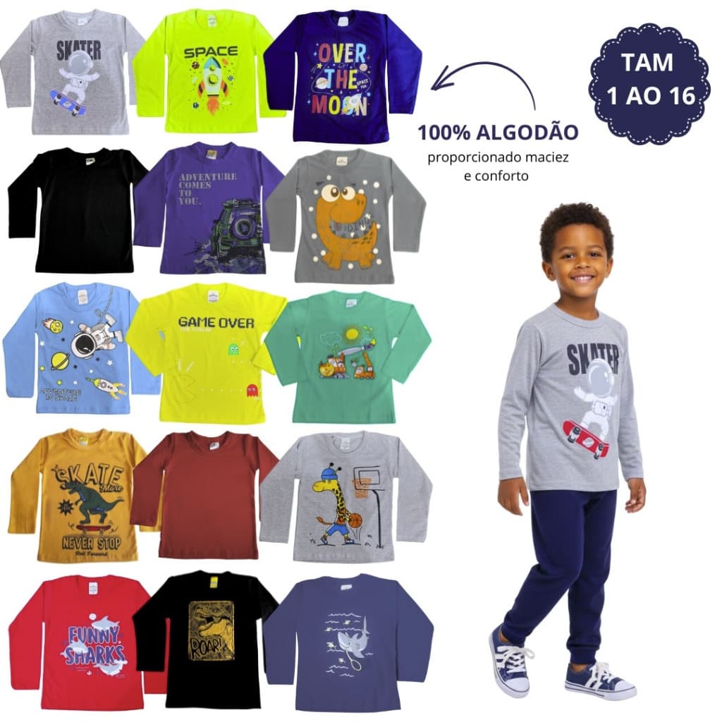 Kit 3 Camiseta Infantil Manga Longa Menino em Algodão Liso e Estampado Meia Estação 1 ao 16 anos