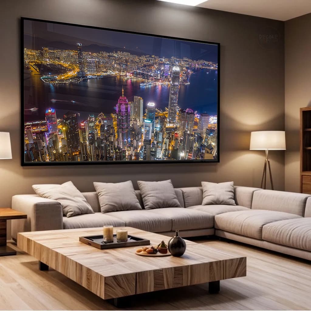 Quadro Skyline City Night Moderno Luxo Grande para Escritório Urbano Tela Canvas Horizontal