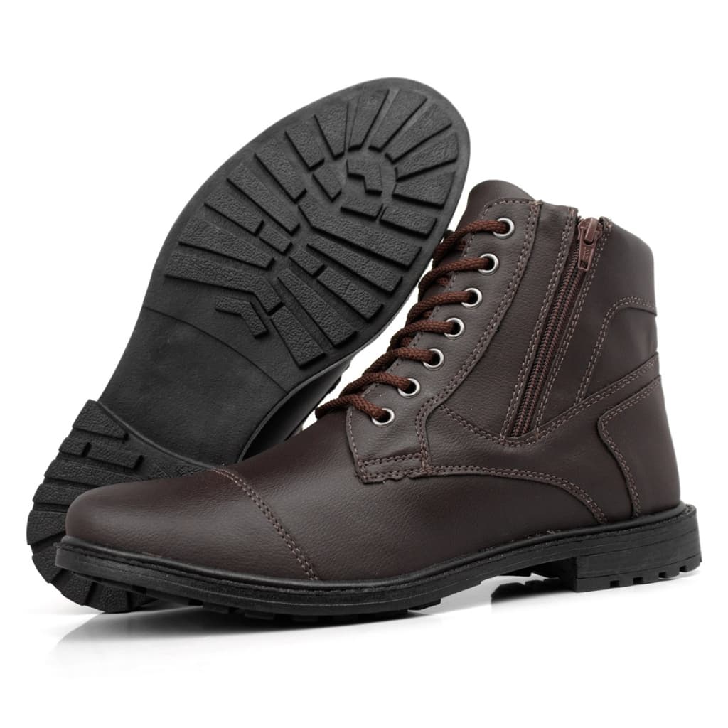 Bota Masculina | Preta Marrom | Cano Médio com Cadarço e Zíper | Casual Confortável e Elegante