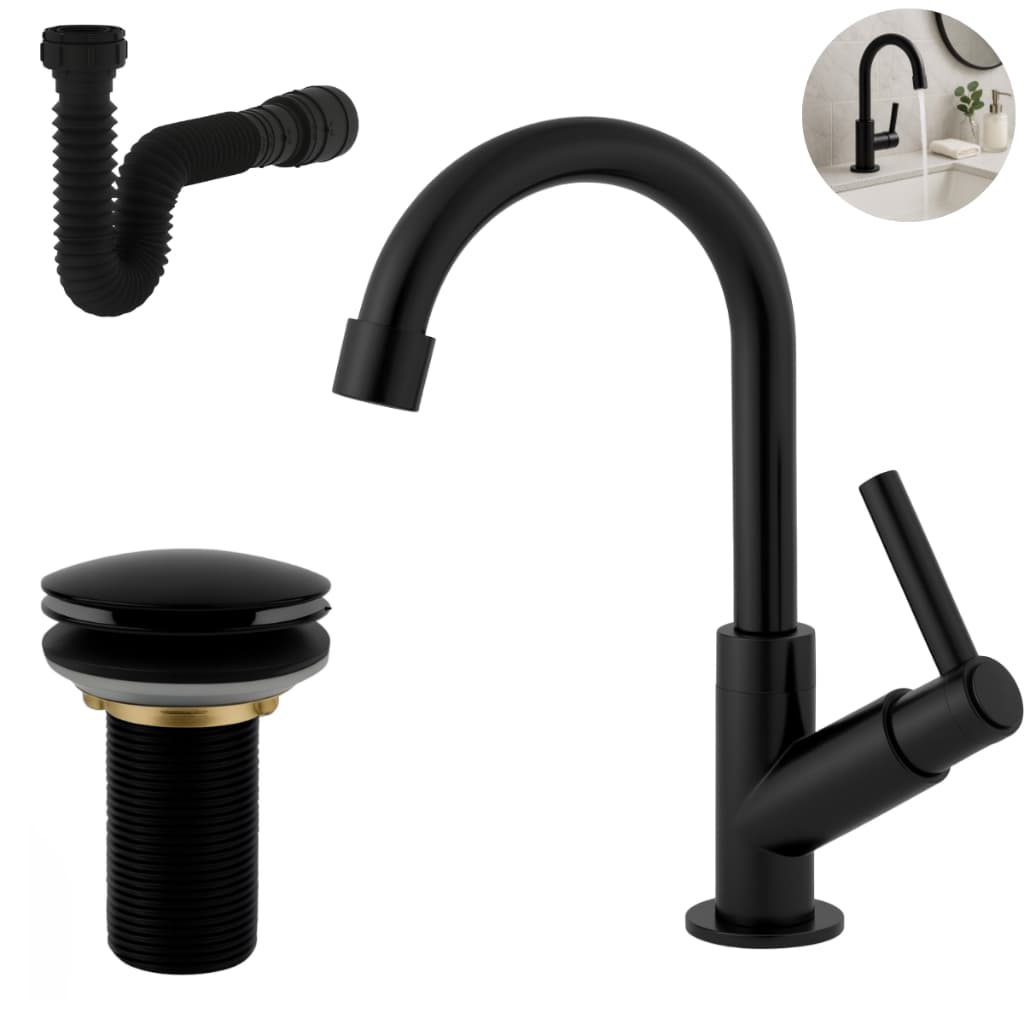 Kit Torneira Lavatorio Pia Banheiro ABS + Sifão 72cm Universal + Válvula Ralo Click 7/8 Preto