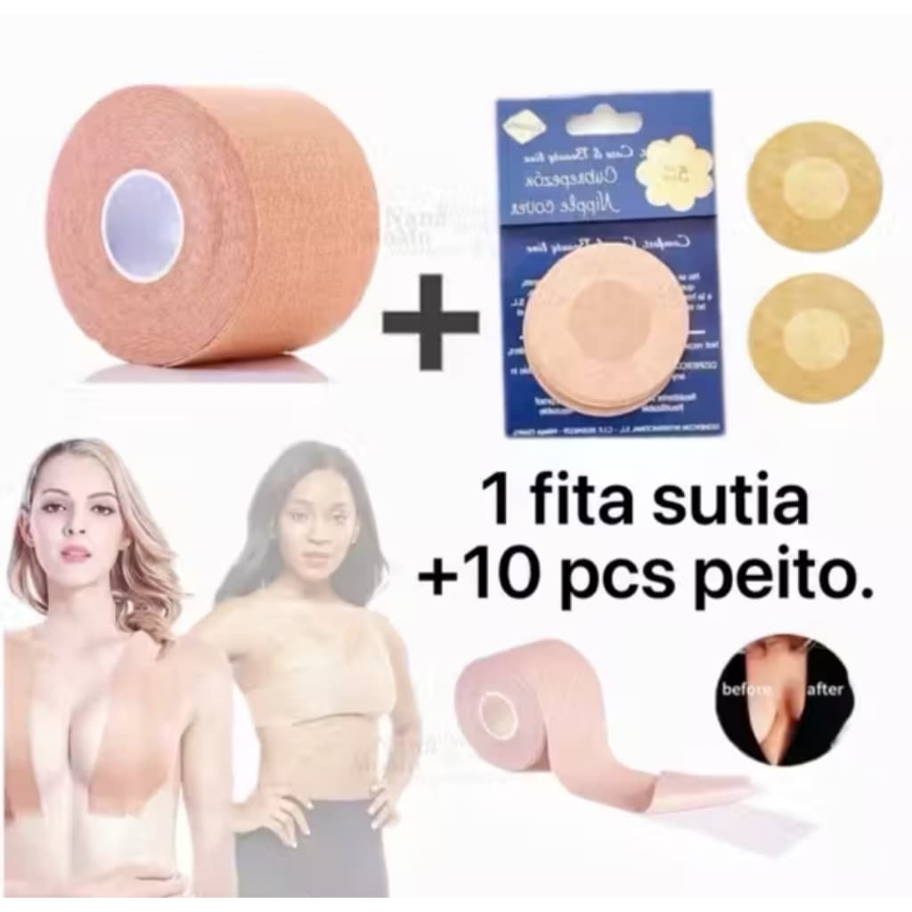 Kit 1 Adesivos Levanta Seios Sutia Fita Boob Up Invisivel Fit 3D + 10 peças Protetor de seios