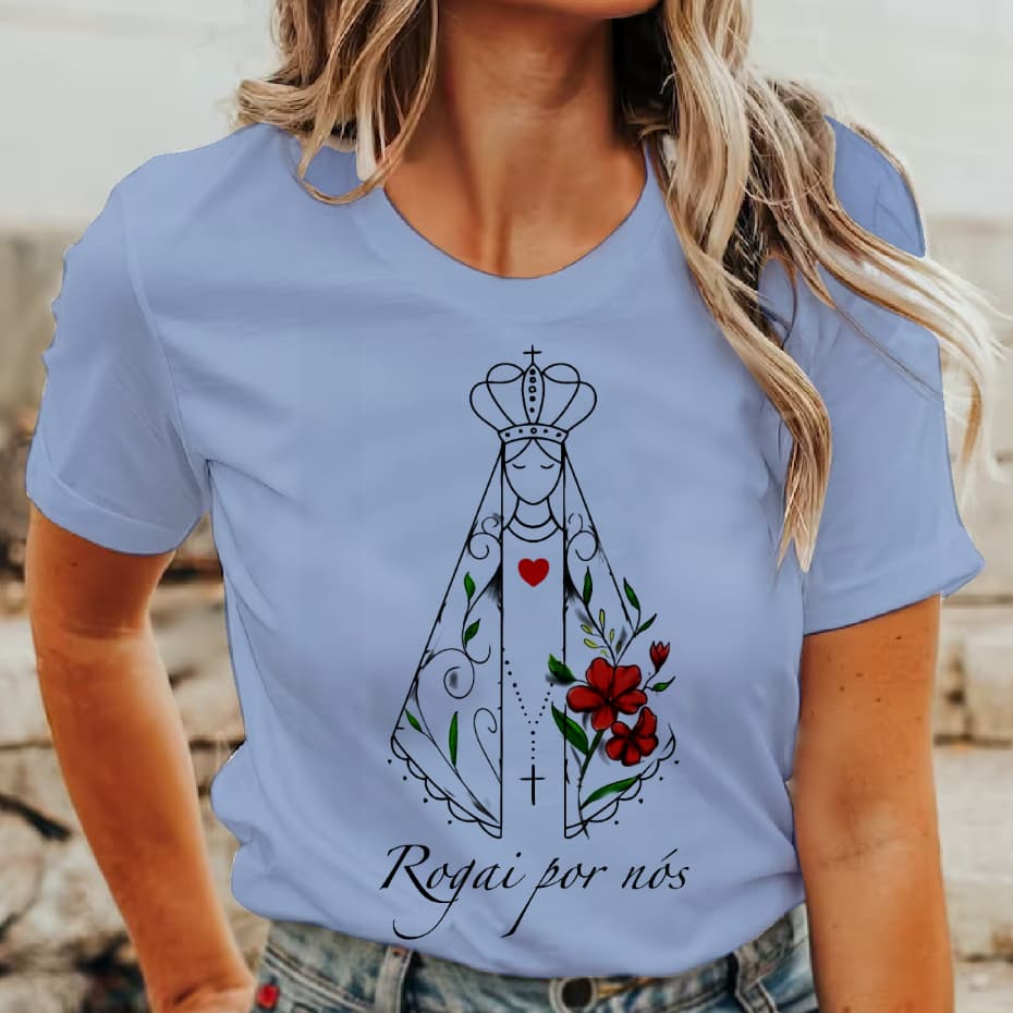 blusa t shirt Nossa senhora Aparecida Rogai por nós, blusinha camiseta santa católica plus size