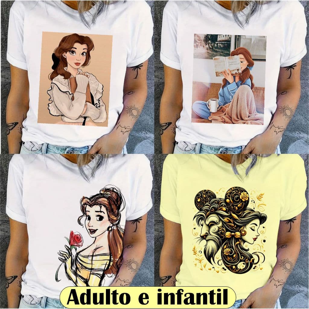 Blusa t shirt Bela e a Fera princesa, blusinha camiseta estampada personagens Adulto e Infantil plus size