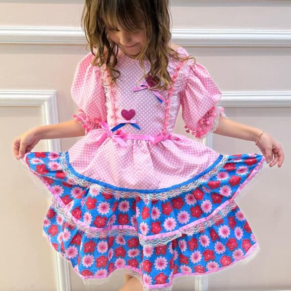 Vestido Festa Junina Arraia Luxo Infantil São João Caipira rosa