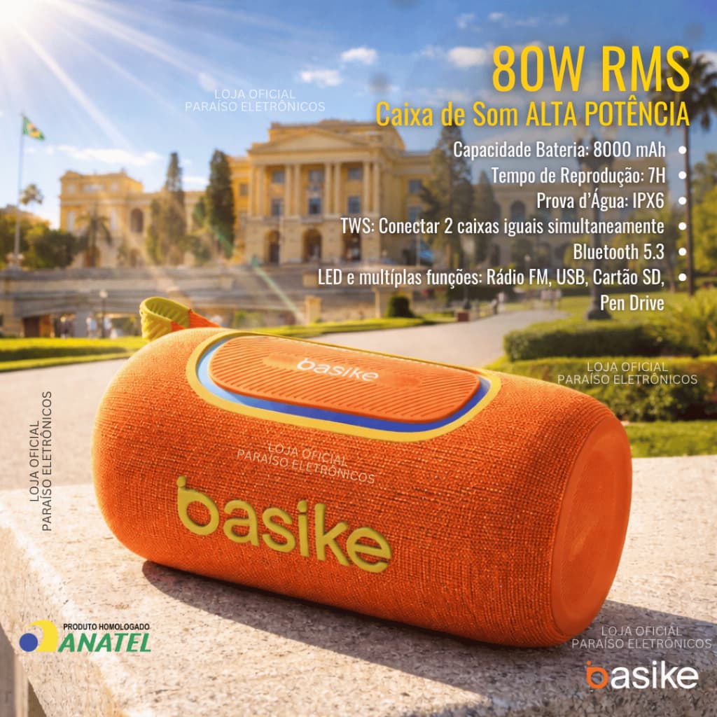 Caixa de Som 80W RMS ALTA POTÊNCIA Bluetooth Prova d'Água IPX6 BASIKE 8000 mAh 7H de Música