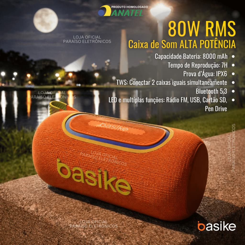 Caixa de Som 80W RMS BASIKE Alto Falante POTENTE Bluetooth Subwoofer Bateria 8000 mAh 7H de Música