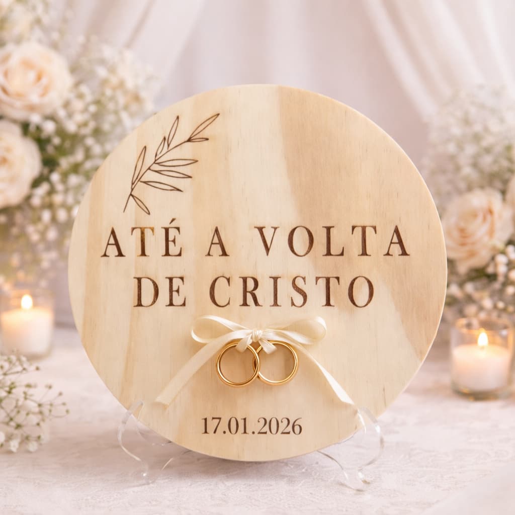 Porta Alianças de Madeira com Suporte – Rústico Romântico para Casamento