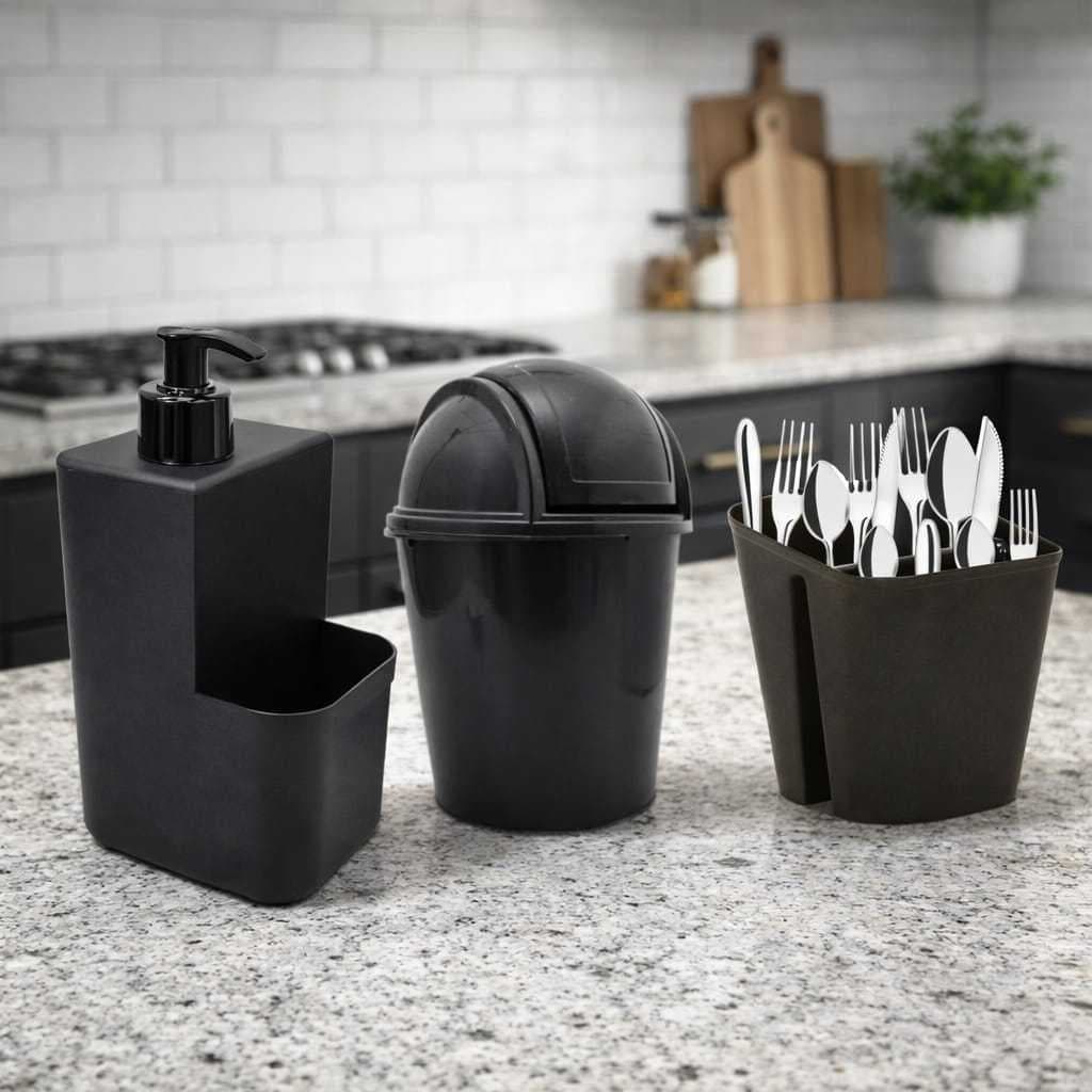 Kit Cozinha 3 Pecas Escorredor Porta Talheres Divisorias  + Lixeira 2,4 Litros Tampa Basculante + Porta Detergente