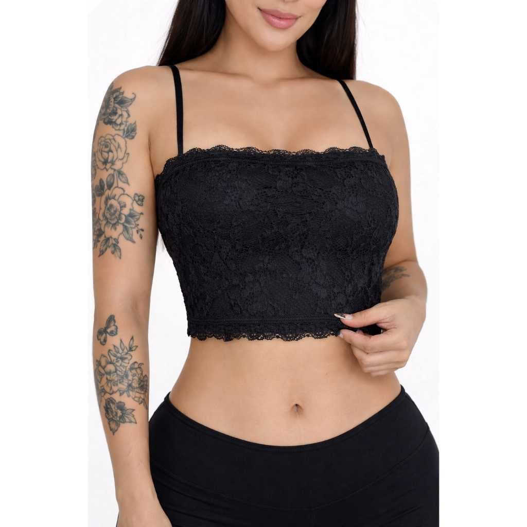 Top Faixa Cropped De Renda Sem Bojo Alça Fina Forrado Sutiã Blusinha