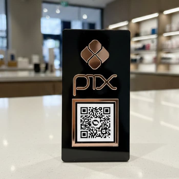 Placa Pix Preta Em Ácrilico Espelhado Pagamento QrCode Display