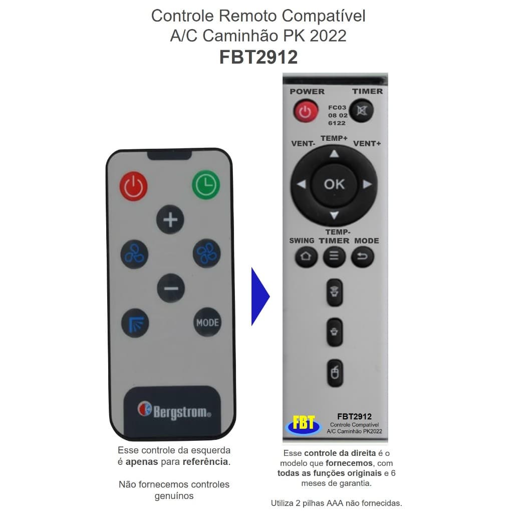 Controle Remoto Compatível A/C Caminhão PK2022 - FBT2912