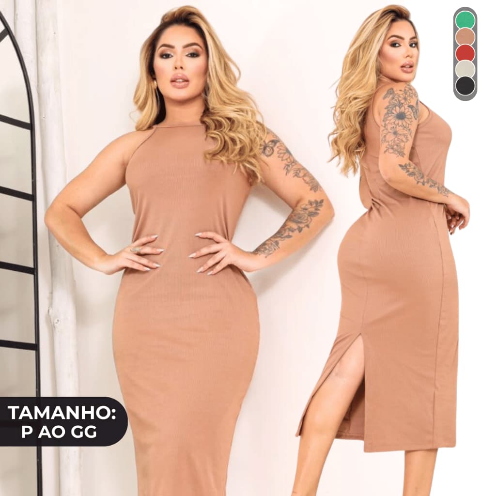 Vestido Midi Feminino Alça Fenda Canelado Premium Luxo Casual Verão Envio Imediato