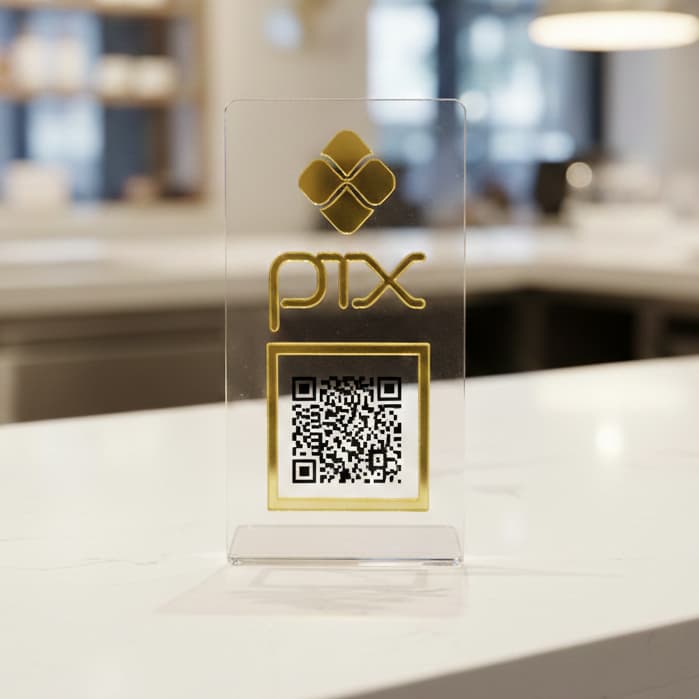 Placa Pix Trasparente Em Ácrilico Espelhado Pagamento QrCode Display Balcão