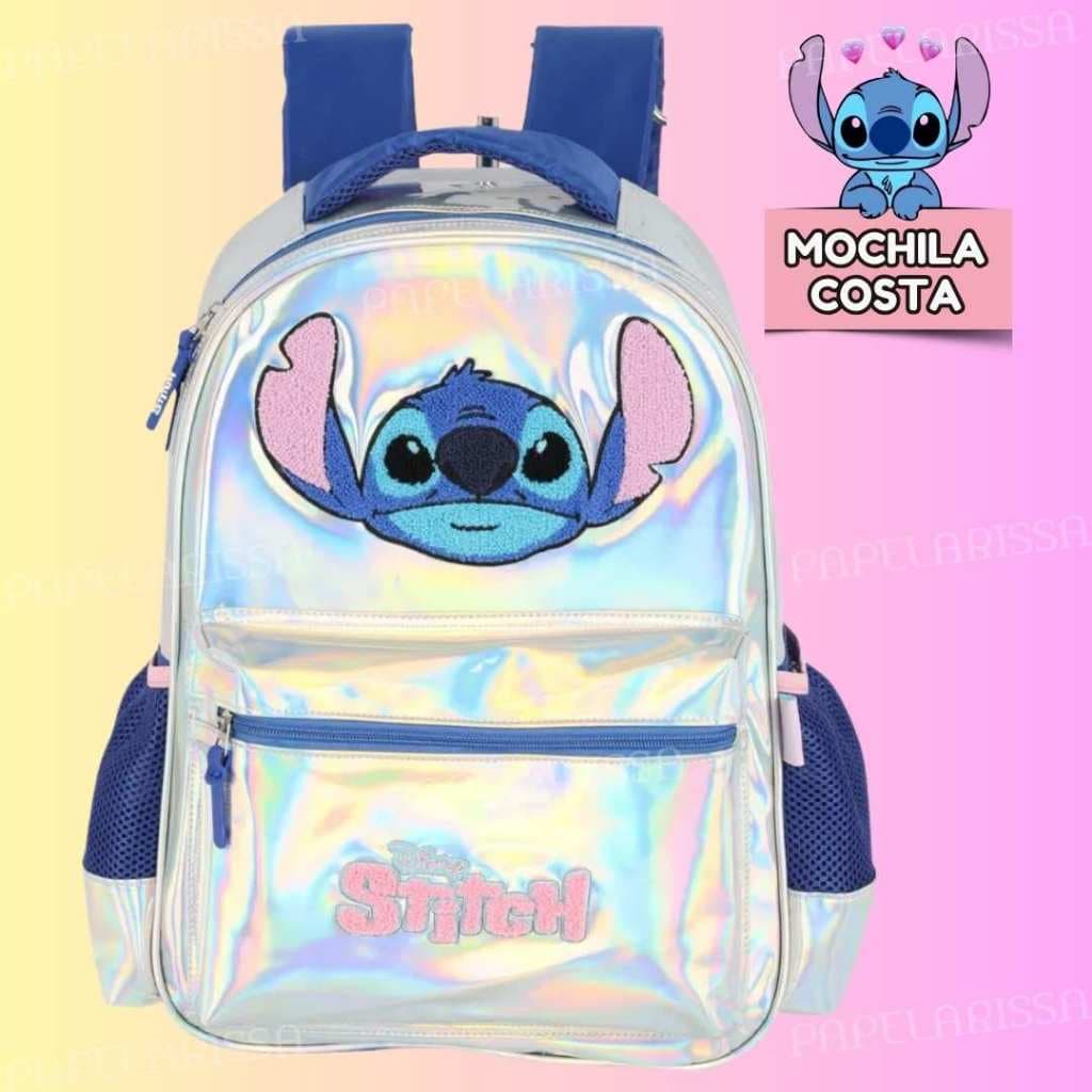 Mochila Costa STITCH Holografica Prata Brilhosa Original Nova