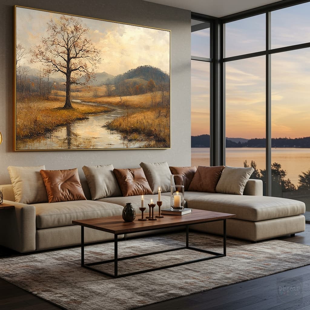 Quadro Decorativo Paisagem Mistériosa Outono Flores Secas Rustico Lago da Vida Arte Rustica Horizontal