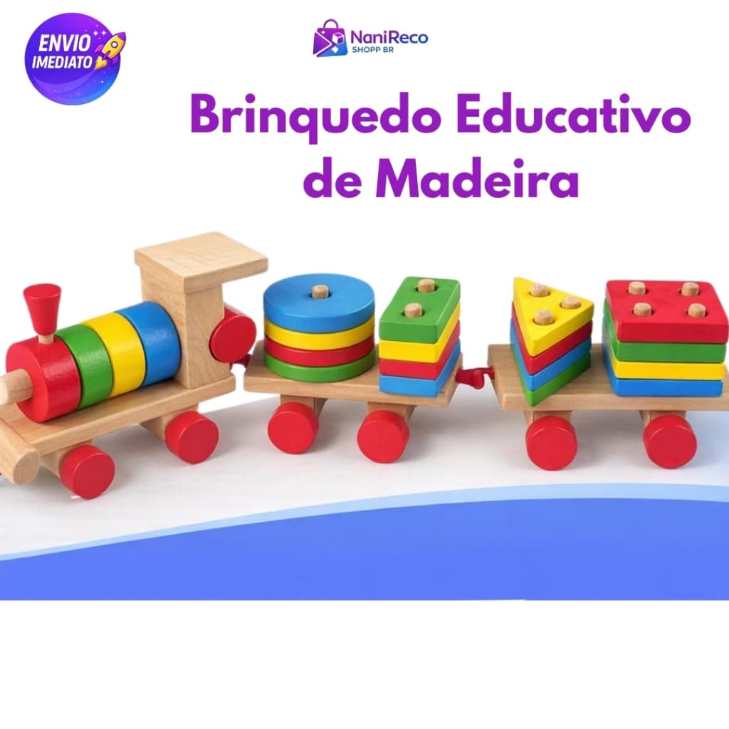 Trenzinho Educativo de Madeira Brinquedo Infantil Pedagógico  Formas Geométricas Coloridas Imediato