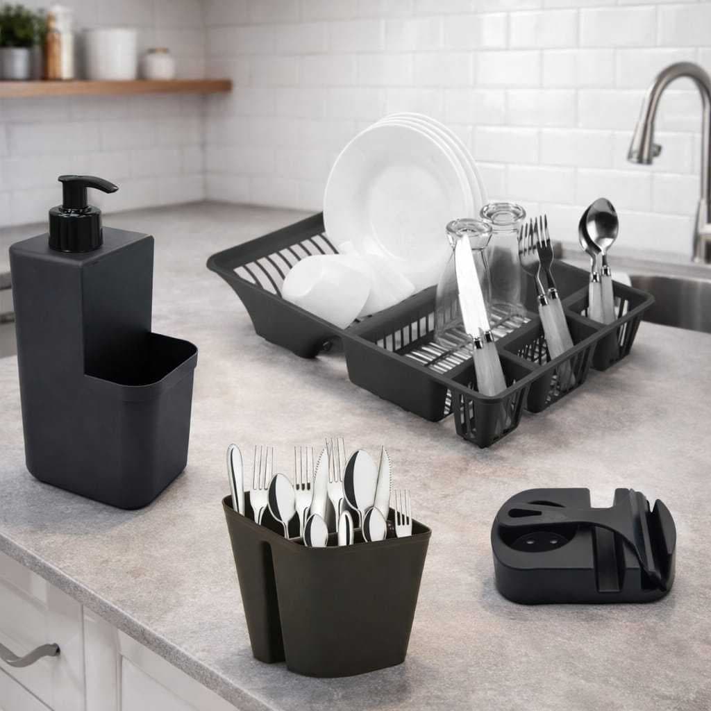 Kit Cozinha 4 Pecas Com Escorredor Louças + Dispenser  Porta Detergente + Rodinho Pia  Com Suporte + Escorredor Talheres
