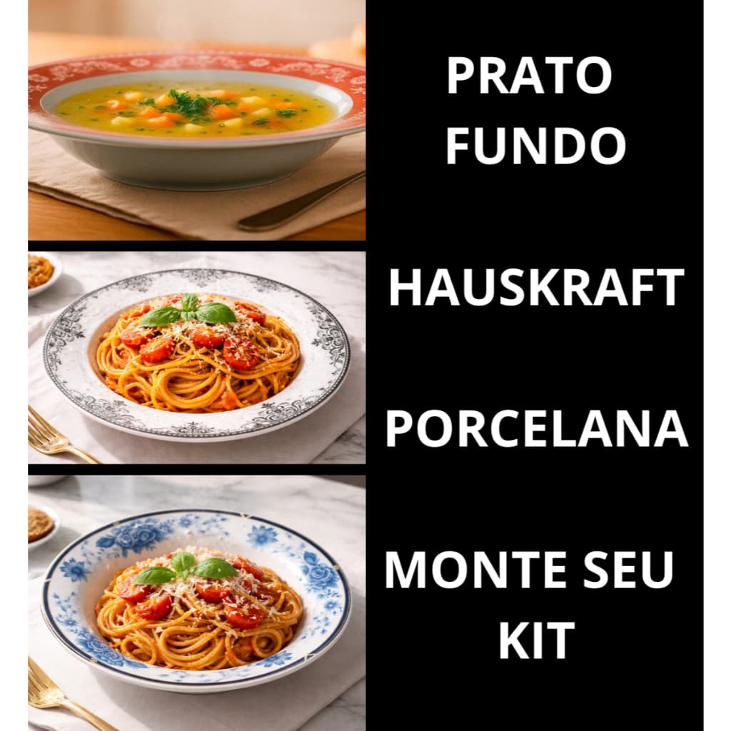 Monte seu Kit de Prato FUNDO 22cm Porcelana Decorado Hauskraft Jogo com 2, 4 ou 6 unidades