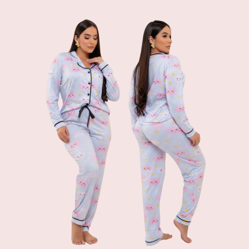 Pijama Feminino Americano Longo Pós Cirúrgico Amamentação Inverno de Nuvem