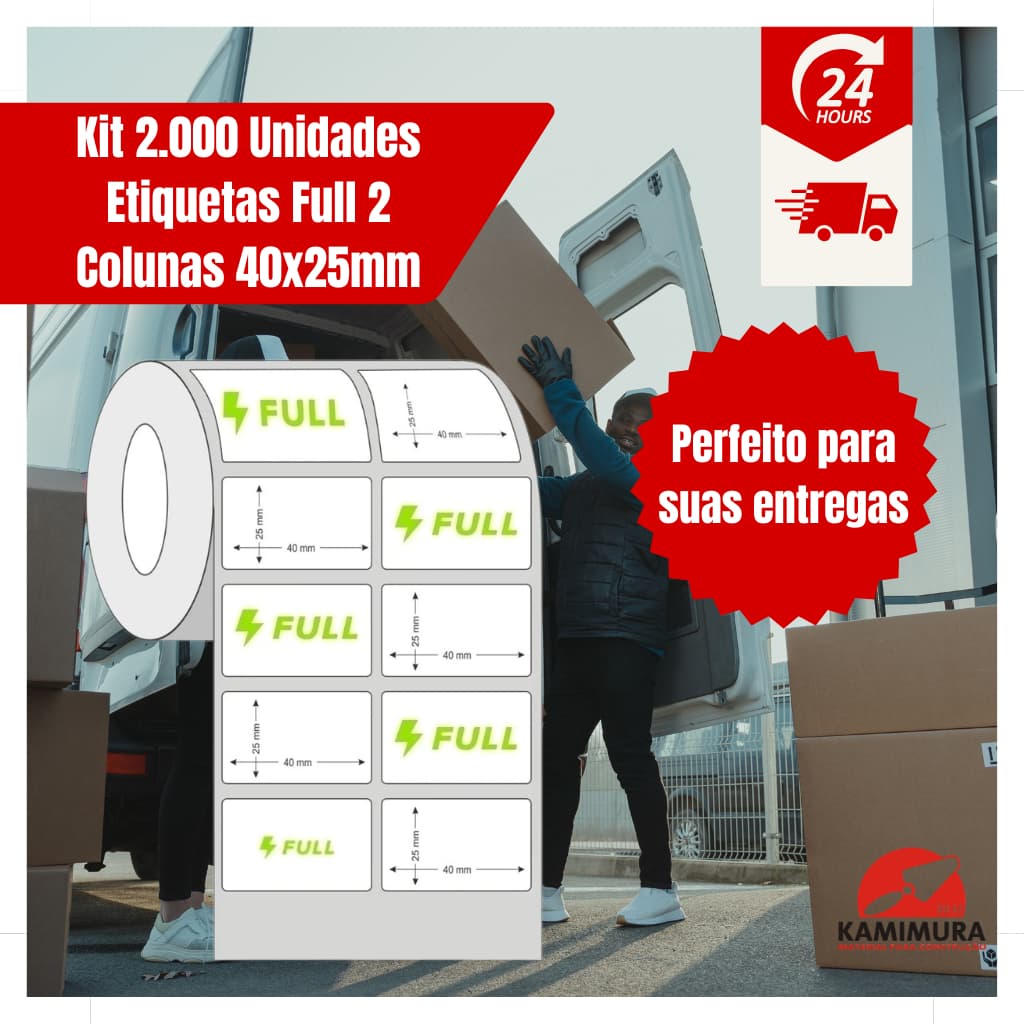 2000 Etiquetas Bobina Térmica Adesiva 40x25mm Full 2 Colunas Impressora Sem Ribbon